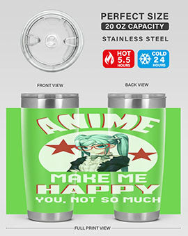 Anime Make Me Happy tumbler featuring a stylish design with double wall vacuum stainless steel and a drink-thru lid.