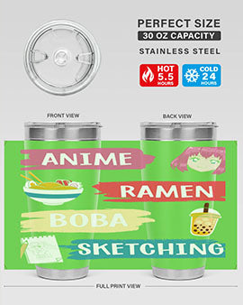 Anime ramen boba sketching212# tumbler showcasing vibrant design and stainless steel construction.