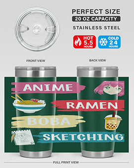 Anime ramen boba sketching212# tumbler showcasing vibrant design and stainless steel construction.