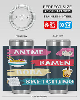 Anime ramen boba sketching212# tumbler showcasing vibrant design and stainless steel construction.