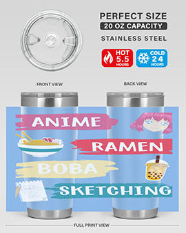 Anime ramen boba sketching212# tumbler showcasing vibrant design and stainless steel construction.