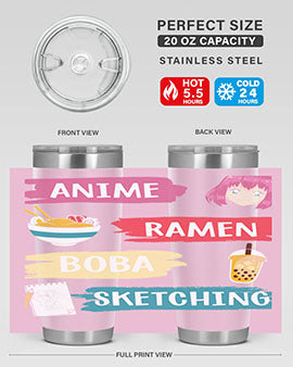 Anime ramen boba sketching212# tumbler showcasing vibrant design and stainless steel construction.