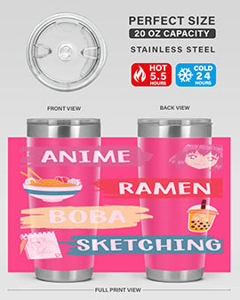 Anime ramen boba sketching212# tumbler showcasing vibrant design and stainless steel construction.