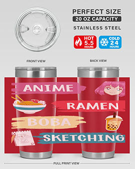 Anime ramen boba sketching212# tumbler showcasing vibrant design and stainless steel construction.