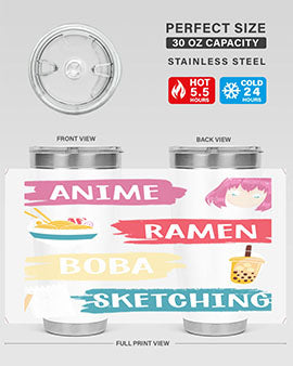 Anime ramen boba sketching212# tumbler showcasing vibrant design and stainless steel construction.