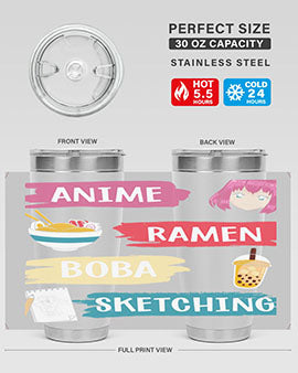 Anime ramen boba sketching212# tumbler showcasing vibrant design and stainless steel construction.