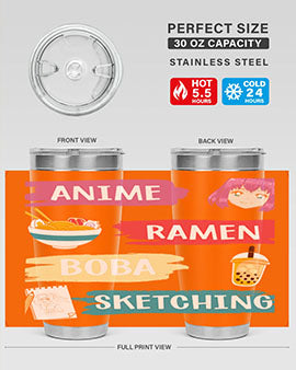 Anime ramen boba sketching212# tumbler showcasing vibrant design and stainless steel construction.