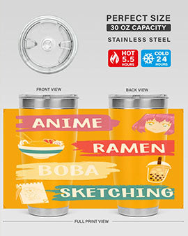 Anime ramen boba sketching212# tumbler showcasing vibrant design and stainless steel construction.