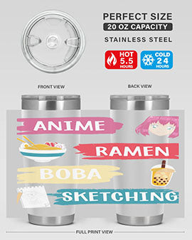 Anime ramen boba sketching212# tumbler showcasing vibrant design and stainless steel construction.