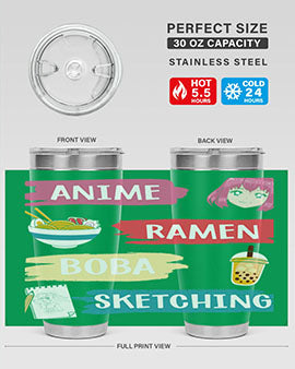 Anime ramen boba sketching212# tumbler showcasing vibrant design and stainless steel construction.