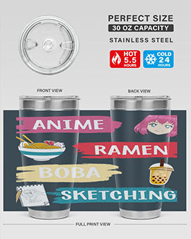 Anime ramen boba sketching212# tumbler showcasing vibrant design and stainless steel construction.