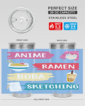 Anime ramen boba sketching212# tumbler showcasing vibrant design and stainless steel construction.
