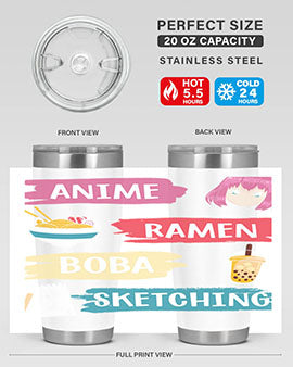 Anime ramen boba sketching212# tumbler showcasing vibrant design and stainless steel construction.