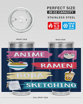 Anime ramen boba sketching212# tumbler showcasing vibrant design and stainless steel construction.