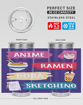 Anime ramen boba sketching212# tumbler showcasing vibrant design and stainless steel construction.