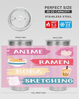 Anime ramen boba sketching212# tumbler showcasing vibrant design and stainless steel construction.