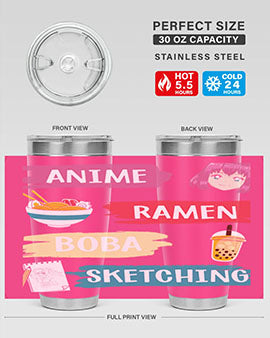 Anime ramen boba sketching212# tumbler showcasing vibrant design and stainless steel construction.