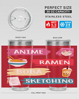 Anime ramen boba sketching212# tumbler showcasing vibrant design and stainless steel construction.