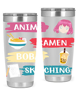 Anime ramen boba sketching212# tumbler showcasing vibrant design and stainless steel construction.