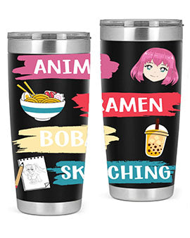 Anime ramen boba sketching212# tumbler showcasing vibrant design and stainless steel construction.