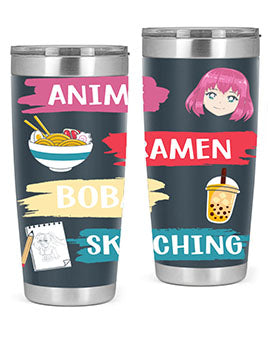 Anime ramen boba sketching212# tumbler showcasing vibrant design and stainless steel construction.