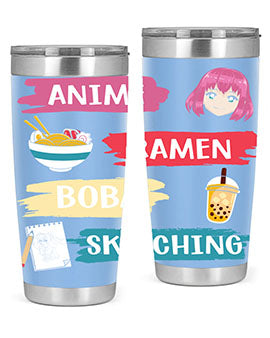 Anime ramen boba sketching212# tumbler showcasing vibrant design and stainless steel construction.