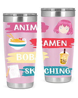 Anime ramen boba sketching212# tumbler showcasing vibrant design and stainless steel construction.