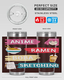 Anime ramen boba sketching212# tumbler showcasing vibrant design and stainless steel construction.