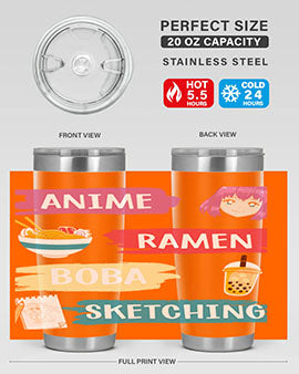 Anime ramen boba sketching212# tumbler showcasing vibrant design and stainless steel construction.