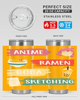 Anime ramen boba sketching212# tumbler showcasing vibrant design and stainless steel construction.