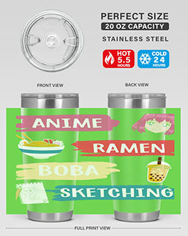 Anime ramen boba sketching212# tumbler showcasing vibrant design and stainless steel construction.