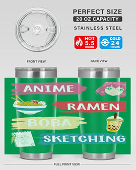 Anime ramen boba sketching212# tumbler showcasing vibrant design and stainless steel construction.