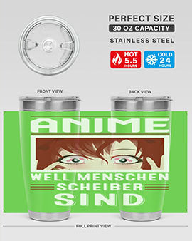 Anime well menschen scheiber sind213# tumbler showcasing double wall vacuum stainless steel design with vibrant anime print.