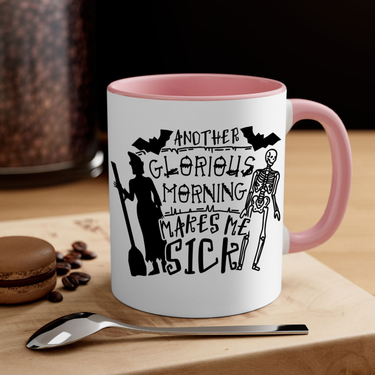 Ceramic coffee mug with humorous quote 'Another Glorious Morning Makes Me Sick', featuring a two-tone design with a colored handle and glossy finish.
