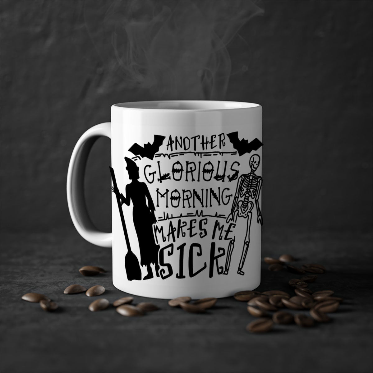 Ceramic coffee mug with humorous quote 'Another Glorious Morning Makes Me Sick', featuring a two-tone design with a colored handle and glossy finish.