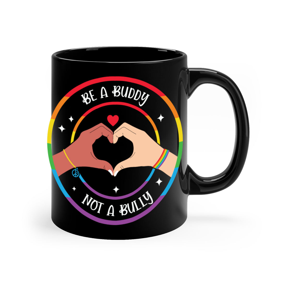 Anti bullying be a buddy LGBT mug with colorful handle and interior, showcasing a glossy finish and available in multiple colors.