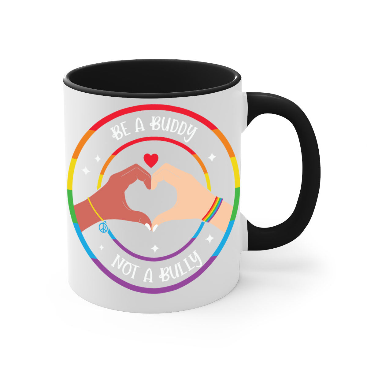 Anti bullying be a buddy LGBT mug with colorful handle and interior, showcasing a glossy finish and available in multiple colors.