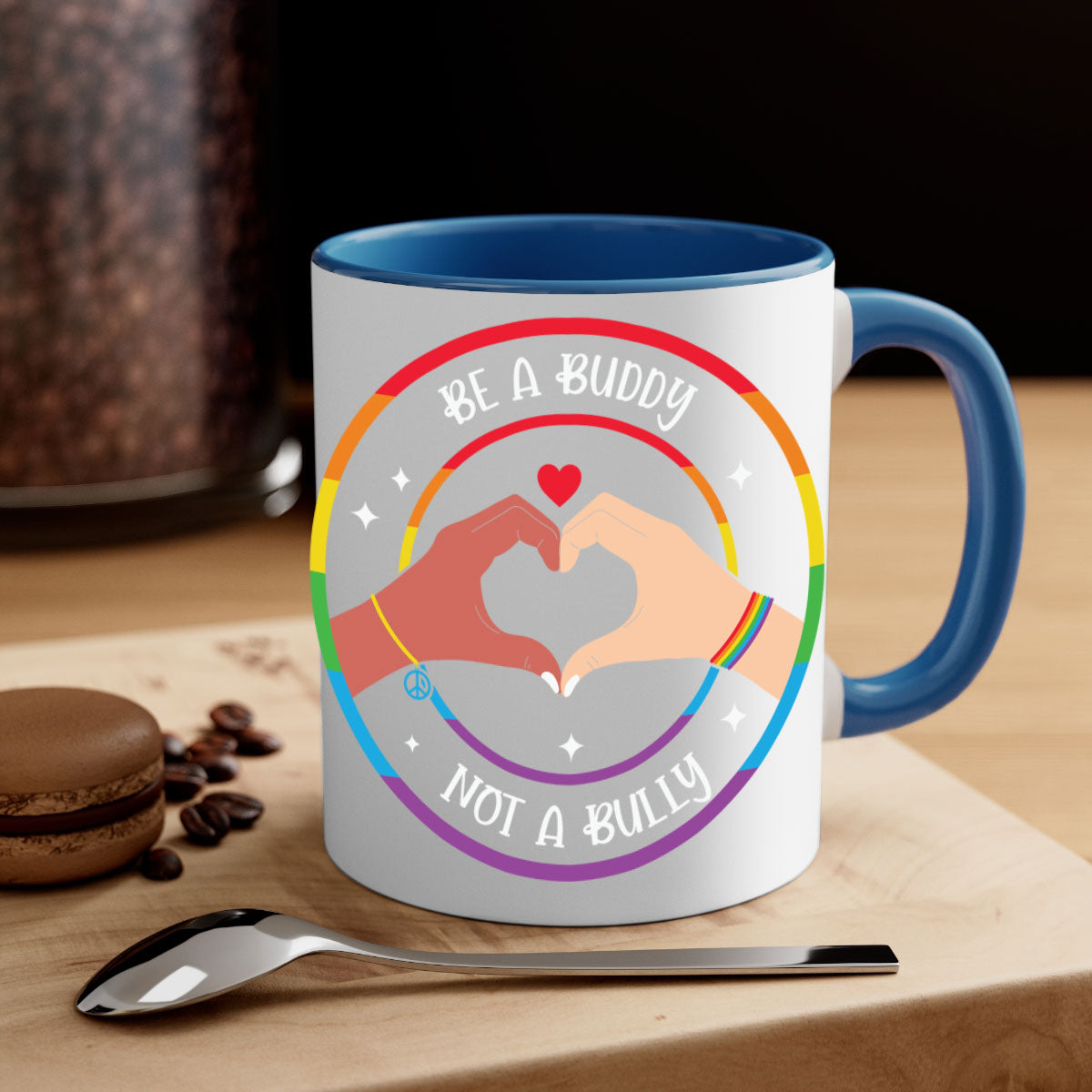 Anti bullying be a buddy LGBT mug with colorful handle and interior, showcasing a glossy finish and available in multiple colors.