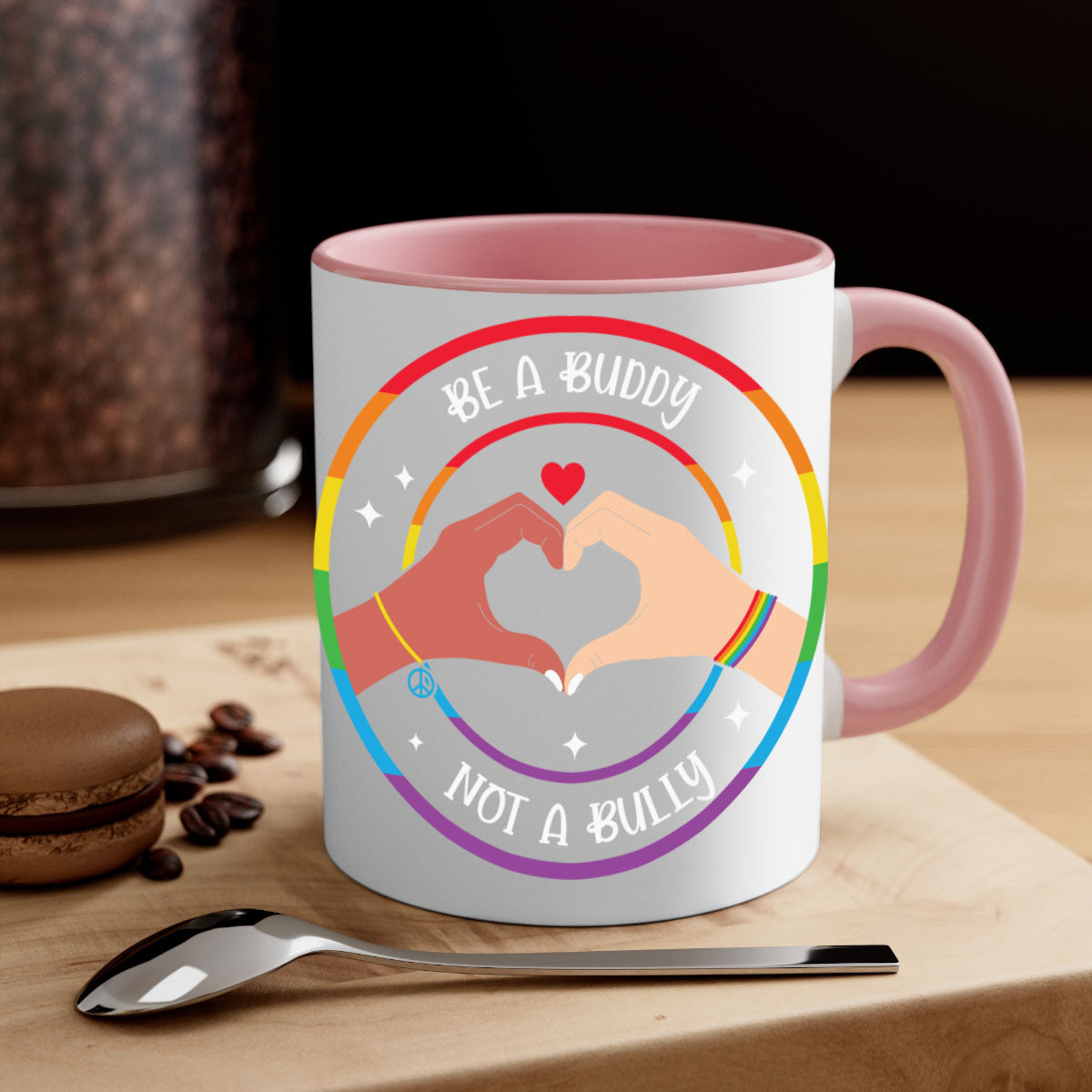 Anti bullying be a buddy LGBT mug with colorful handle and interior, showcasing a glossy finish and available in multiple colors.