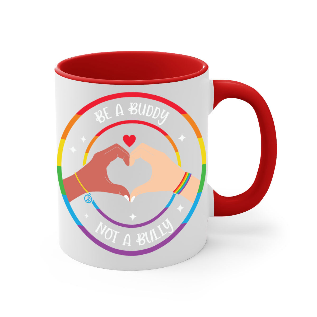 Anti bullying be a buddy LGBT mug with colorful handle and interior, showcasing a glossy finish and available in multiple colors.