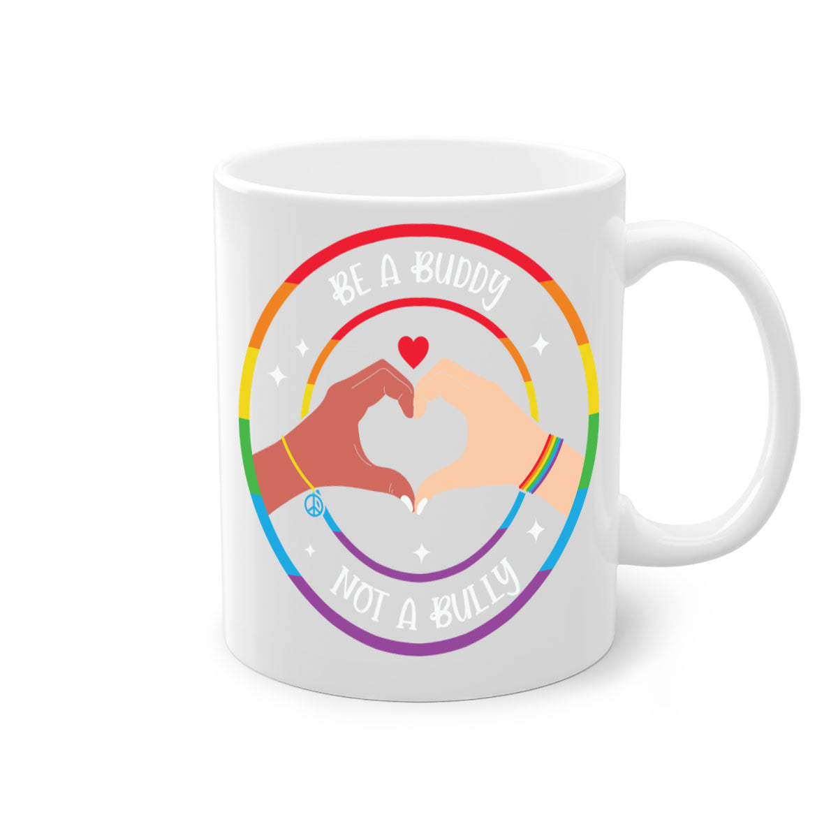 Anti bullying be a buddy LGBT mug with colorful handle and interior, showcasing a glossy finish and available in multiple colors.