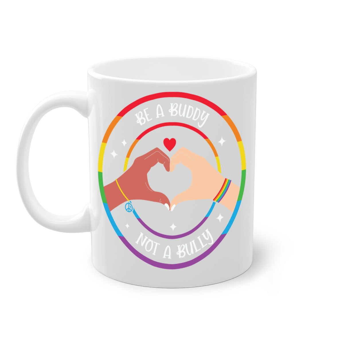 Anti bullying be a buddy LGBT mug with colorful handle and interior, showcasing a glossy finish and available in multiple colors.