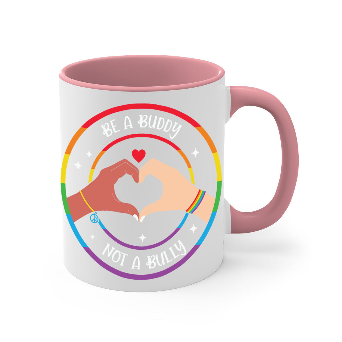 Anti bullying be a buddy LGBT mug with colorful handle and interior, showcasing a glossy finish and available in multiple colors.