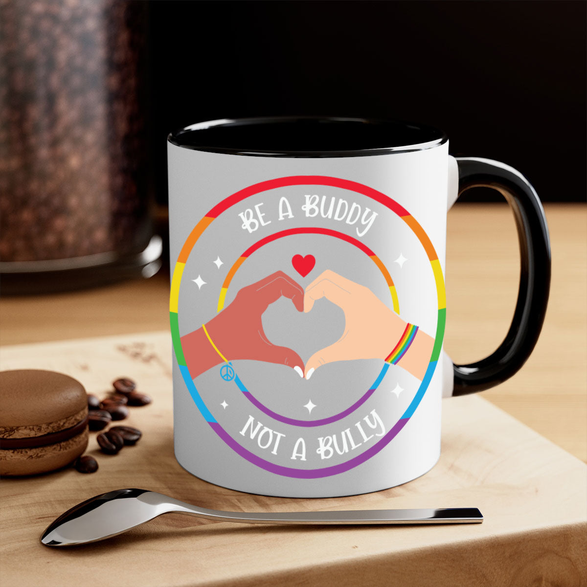 Anti bullying be a buddy LGBT mug with colorful handle and interior, showcasing a glossy finish and available in multiple colors.