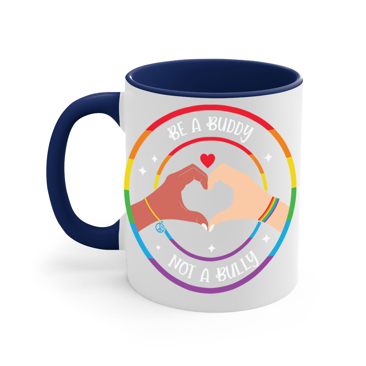 Anti bullying be a buddy LGBT mug with colorful handle and interior, showcasing a glossy finish and available in multiple colors.