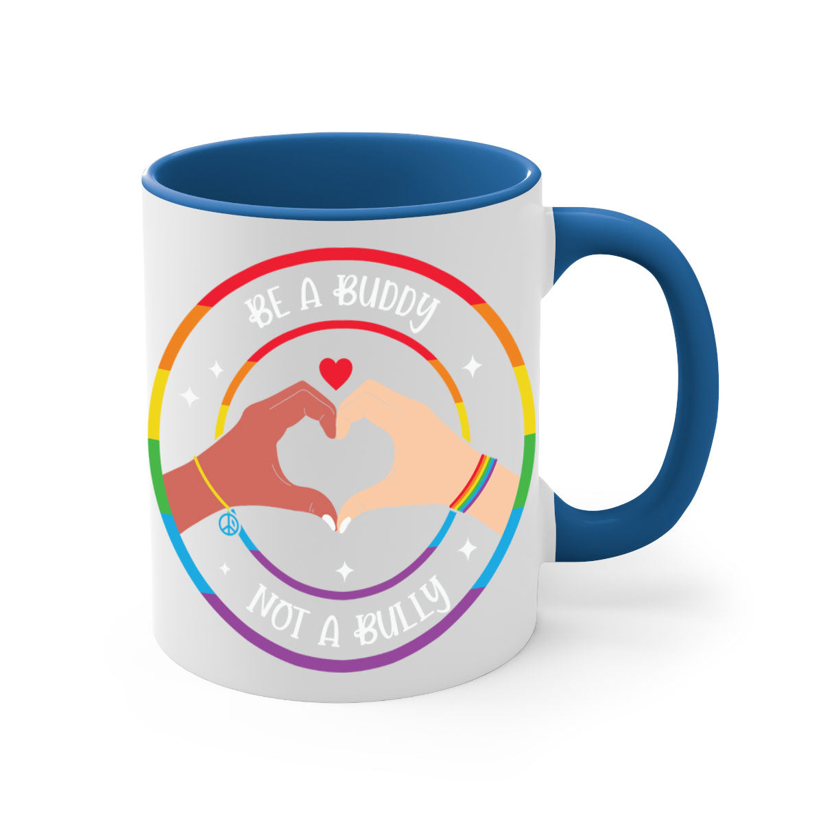 Anti bullying be a buddy LGBT mug with colorful handle and interior, showcasing a glossy finish and available in multiple colors.