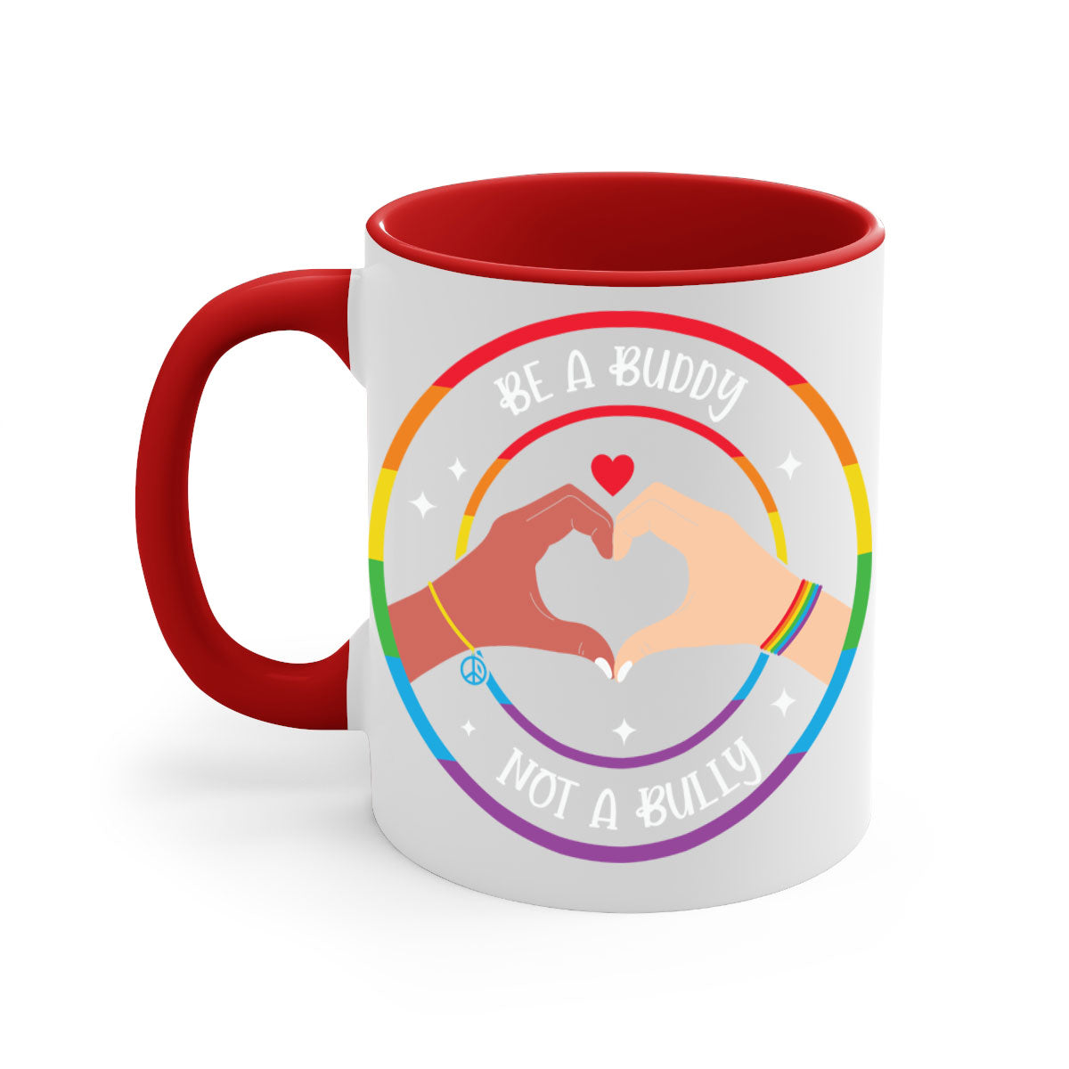 Anti bullying be a buddy LGBT mug with colorful handle and interior, showcasing a glossy finish and available in multiple colors.