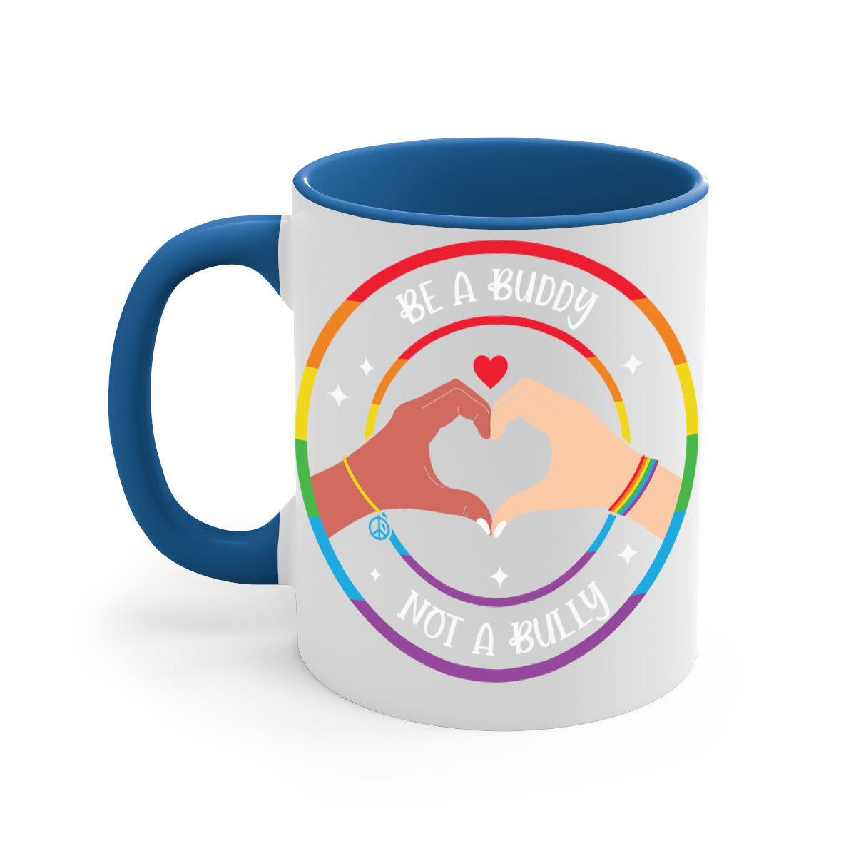 Anti bullying be a buddy LGBT mug with colorful handle and interior, showcasing a glossy finish and available in multiple colors.