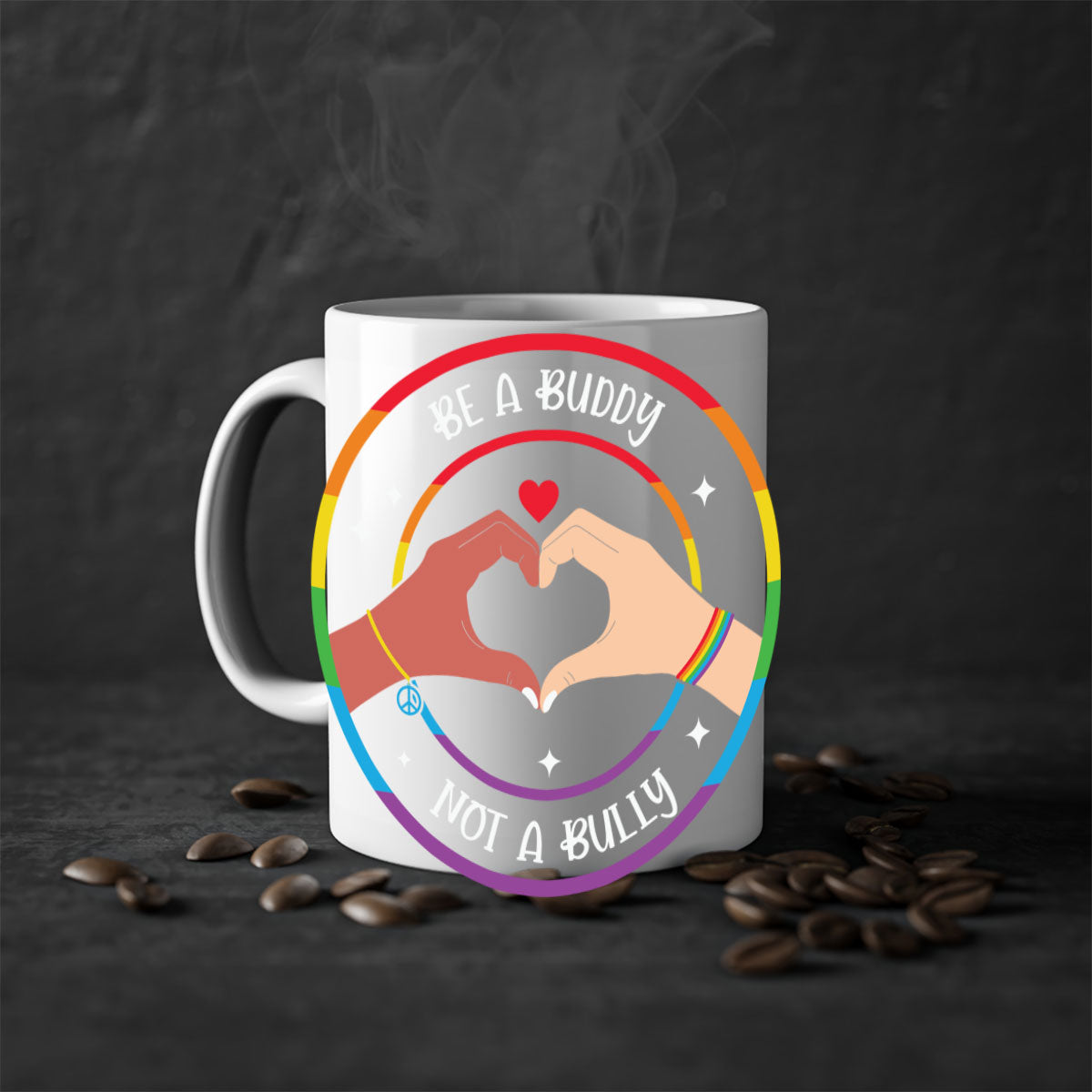 Anti bullying be a buddy LGBT mug with colorful handle and interior, showcasing a glossy finish and available in multiple colors.