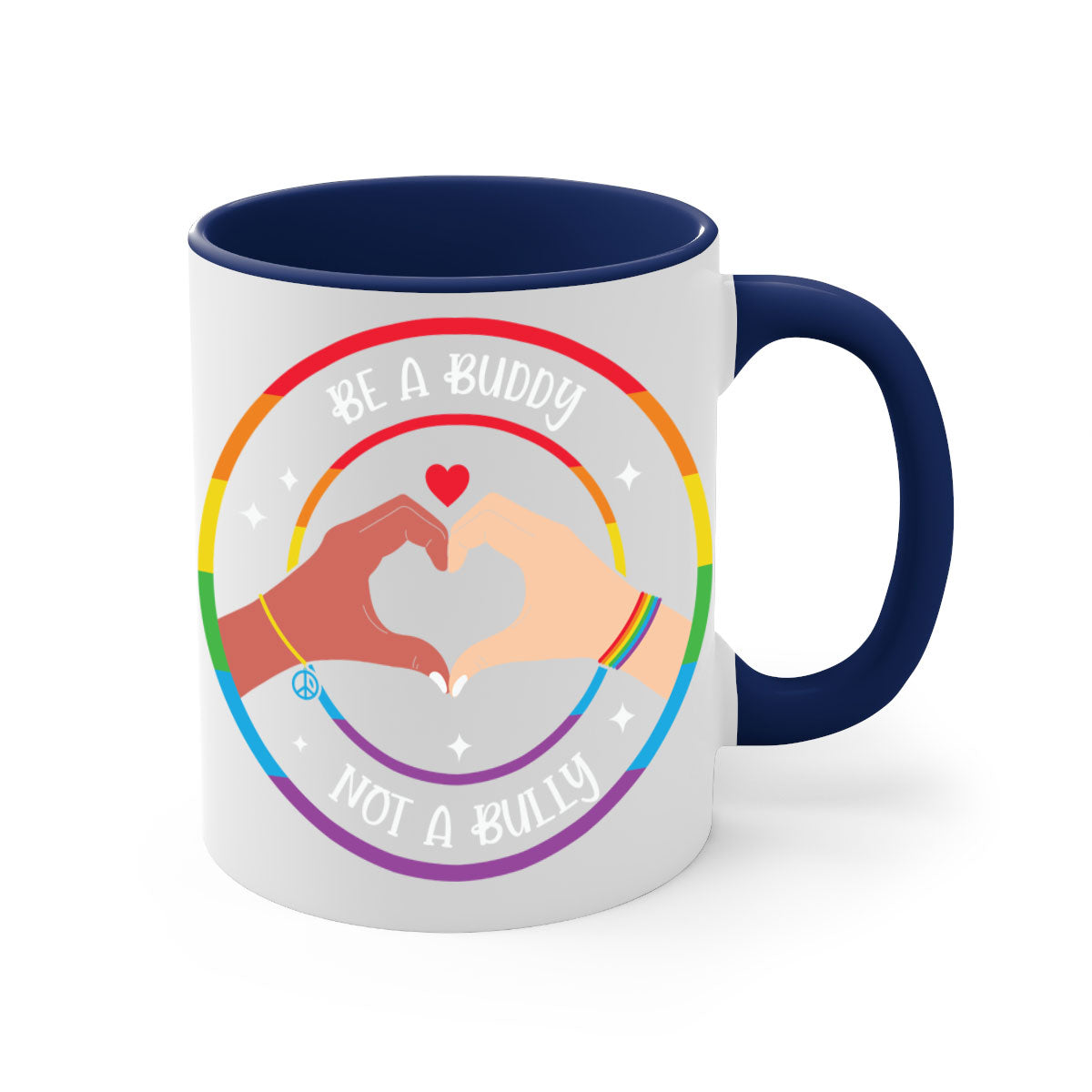 Anti bullying be a buddy LGBT mug with colorful handle and interior, showcasing a glossy finish and available in multiple colors.